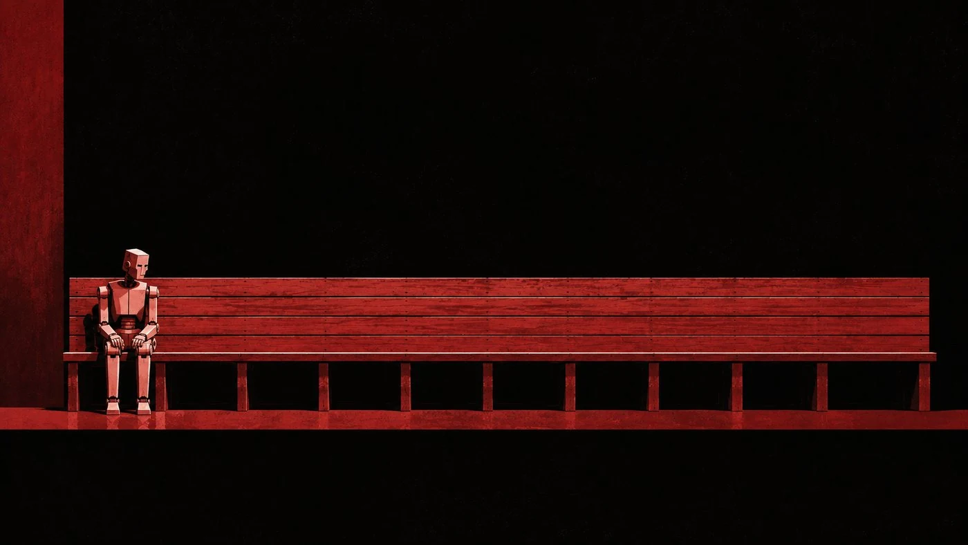 Ilustração de um robô sentado sozinho em um banco vermelho, em um palco escuro
