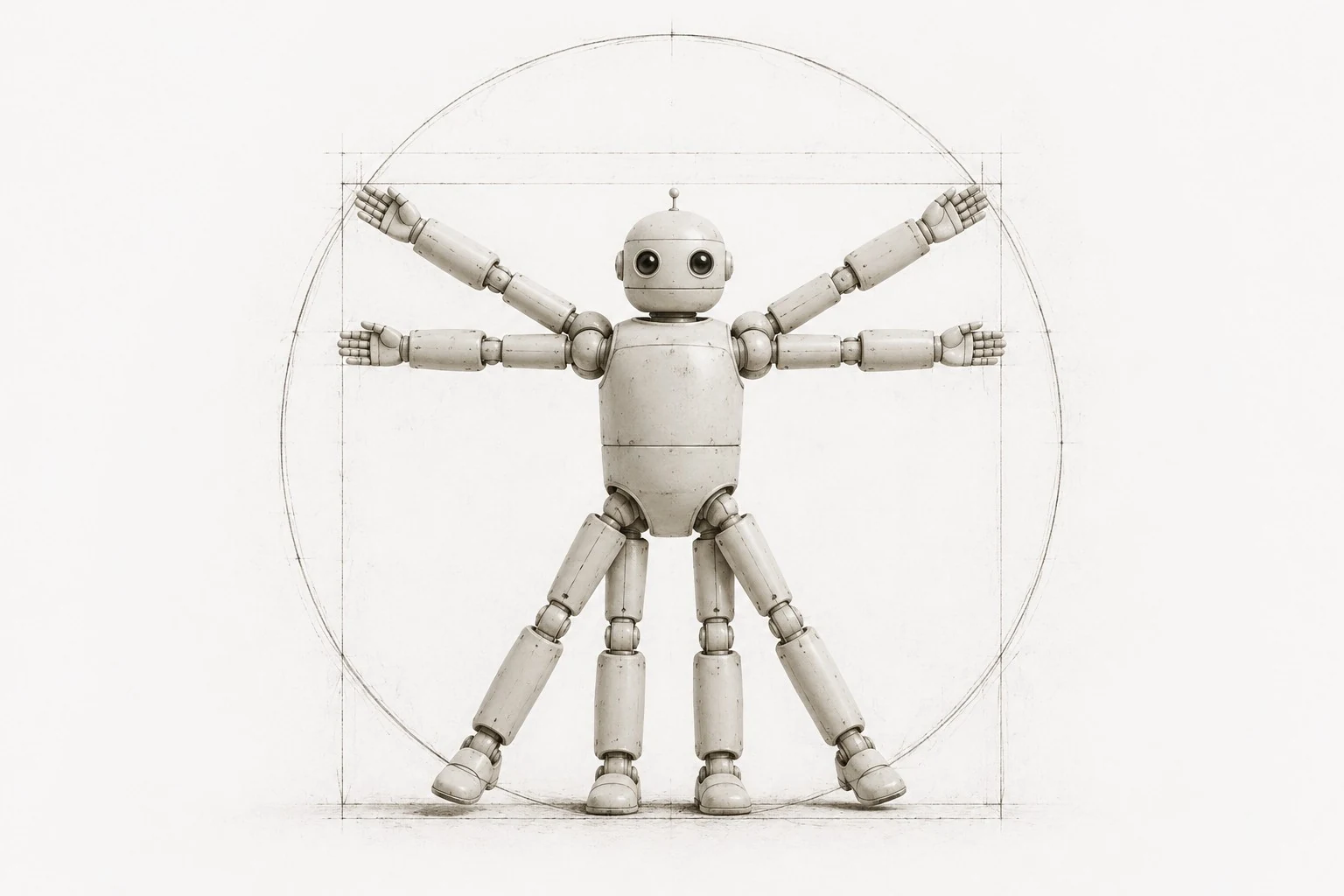 Ilustração de um robô branco de braços e pernas abertos, na pose do Homem Vitruviano, sobre fundo claro