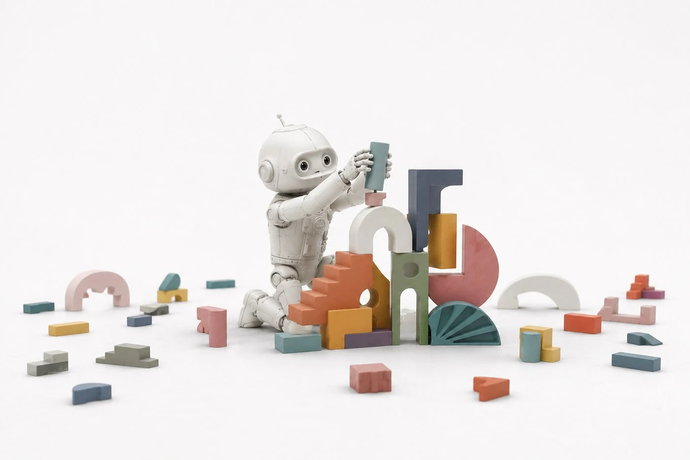 Pequeno robô branco montando uma construção de blocos coloridos
